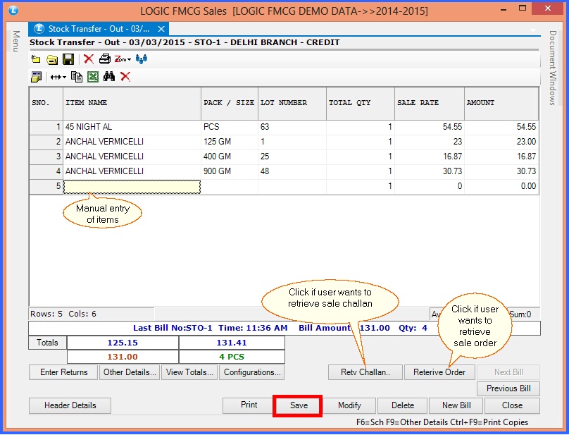 fmcg stock transfer out item details